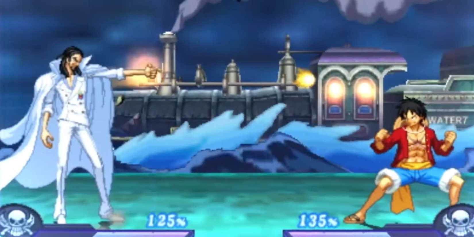 Rob Lucci and Luffy fighting in front of the Sea Train.