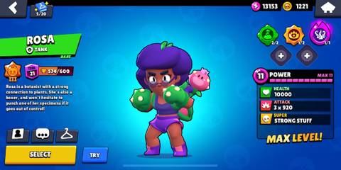 Rosa on a blue background in the Brawl Stars menu