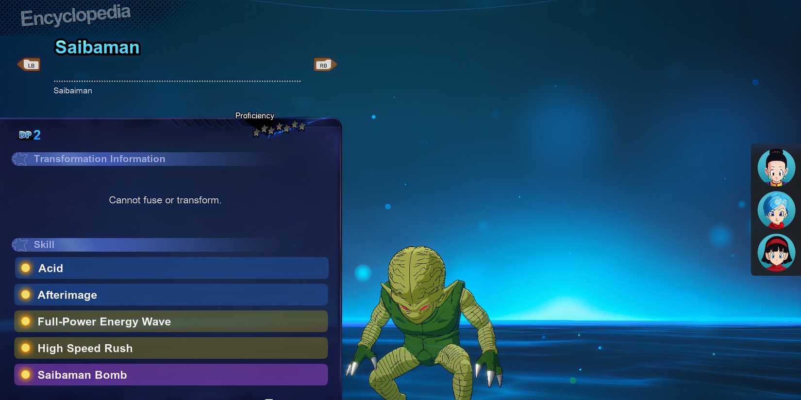 A screenshot of Saibaman from Sparking Zero