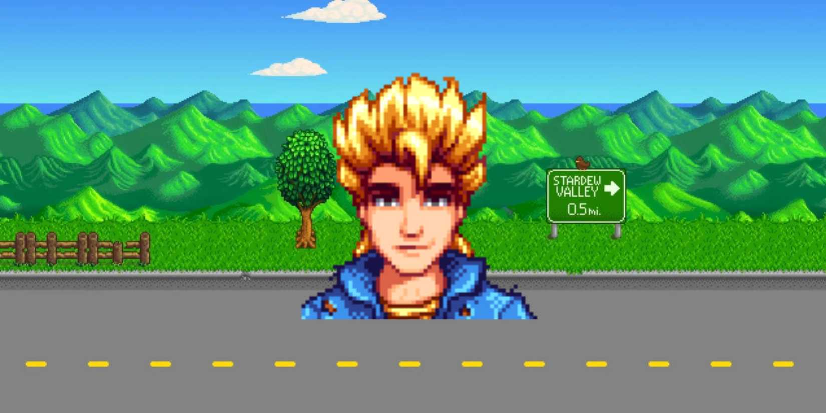 stardew valley - sam portrait on stardew background