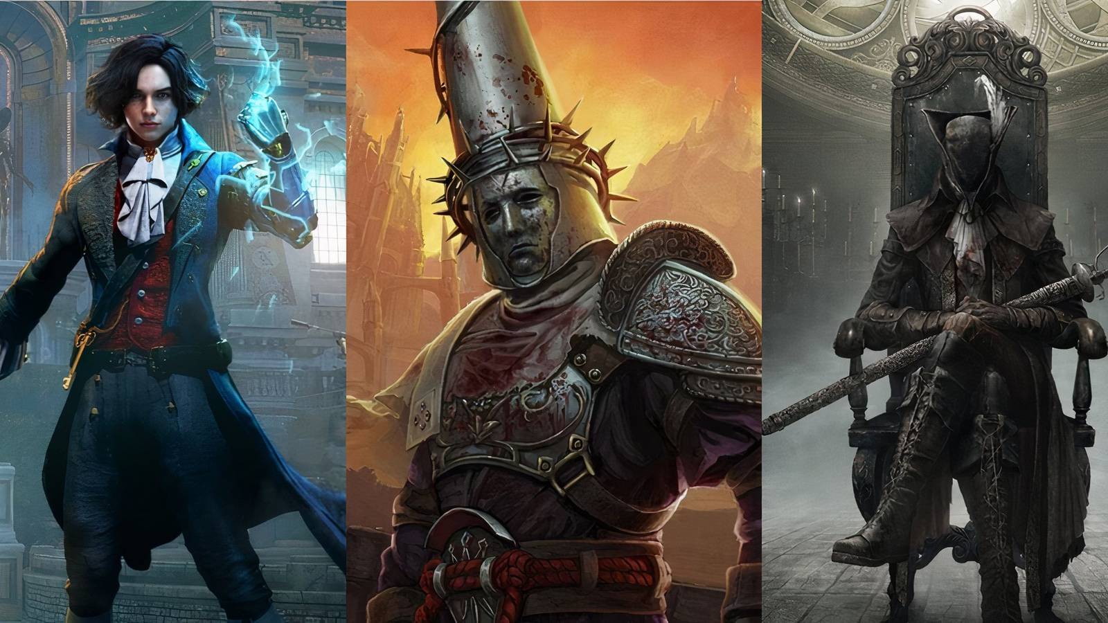 Stills from Lies of P, Blasphemous, and Bloodborne