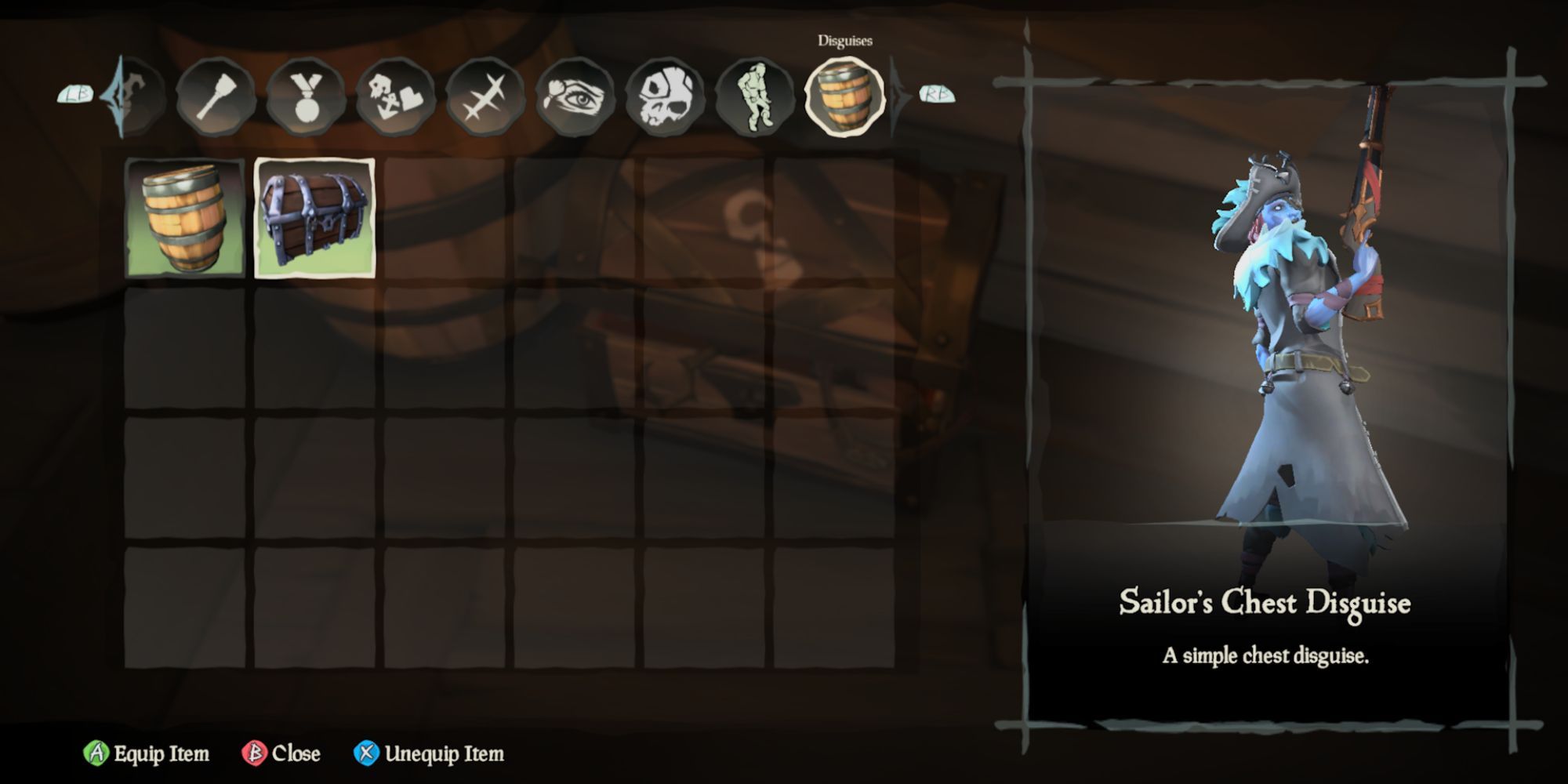 Sea of Thieves' Vanity Chest Disguises menu showing the Sailor's Chest and Barrel Disguises