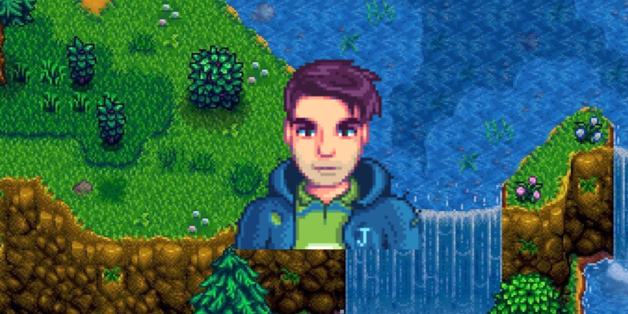 shane icon with waterfall background in stardew valley