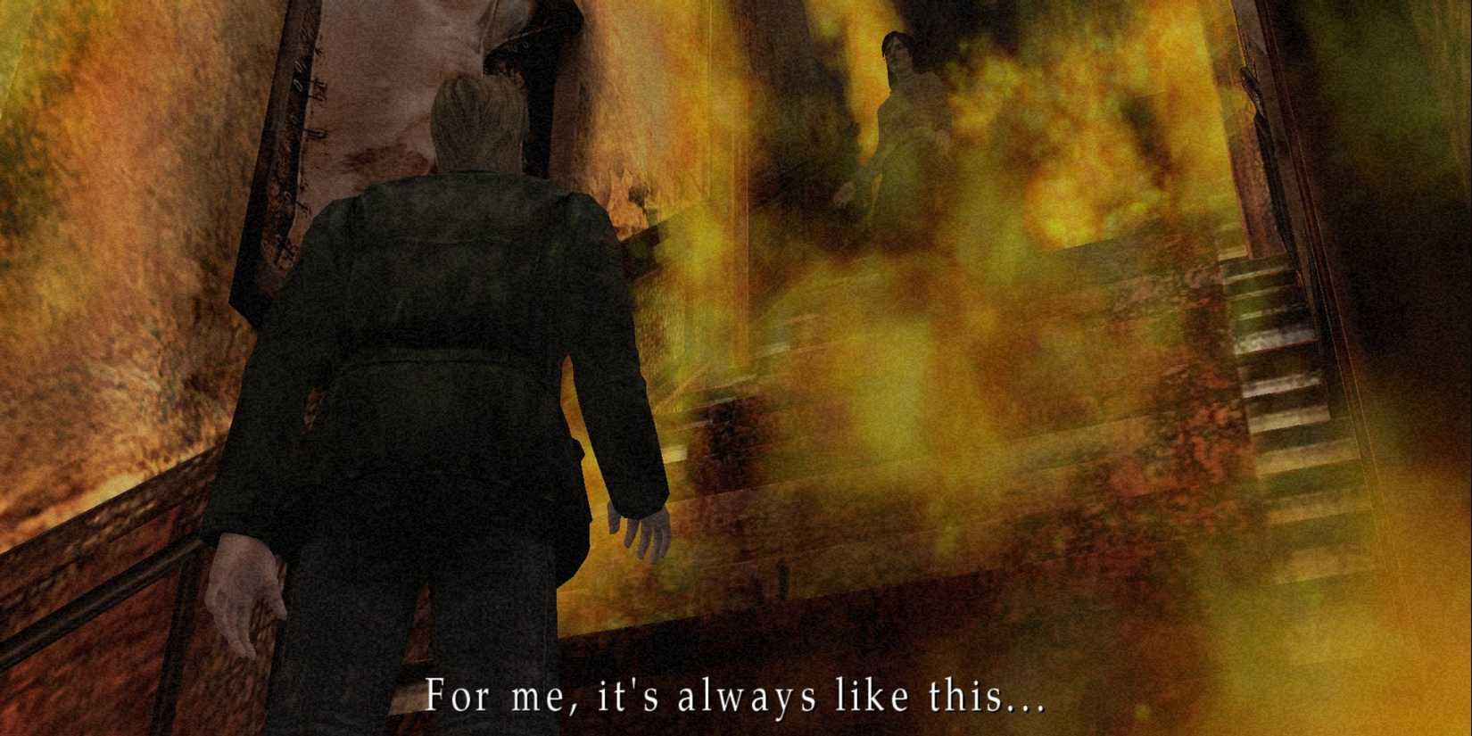 Silent Hill 2 - James and Angela standing on the burning staircase
