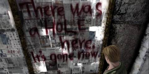 Silent Hill 2 - James looking at the window with a message scrawled on it