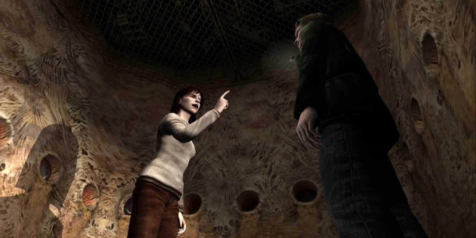 Silent Hill 2 - Angela pointing a finger at James 