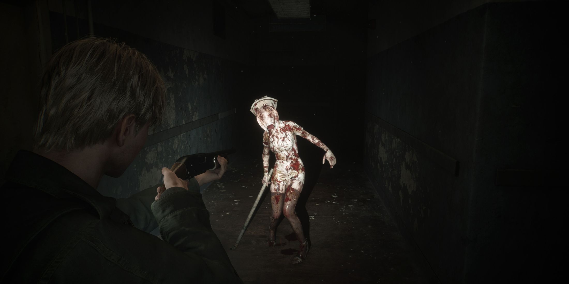 Silent Hill 2 player aiming shotgun at enemy