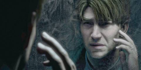 James looking into mirror, confused.