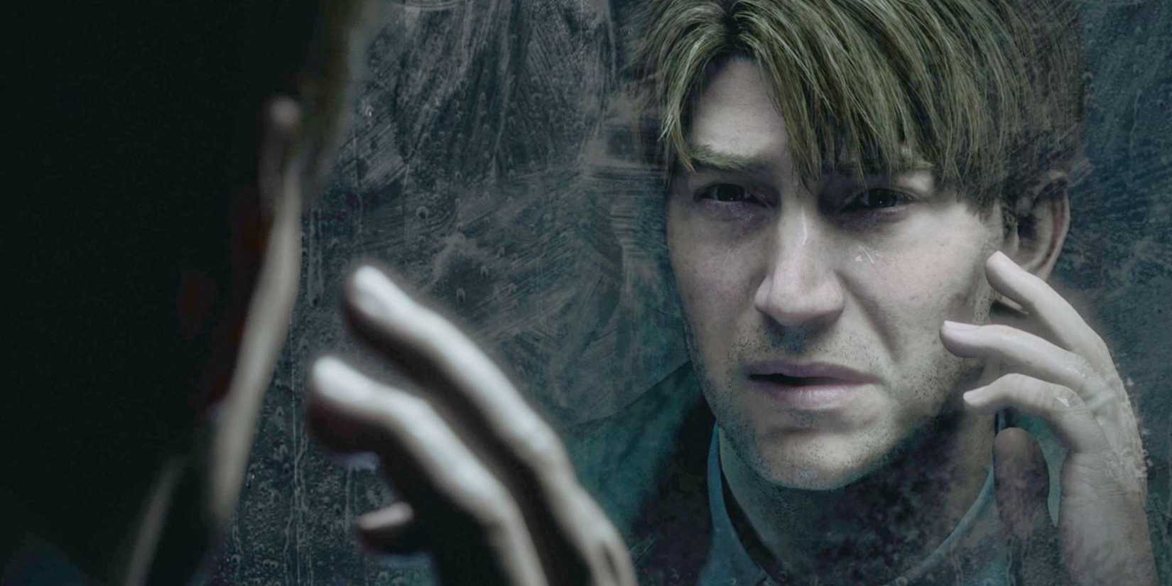 James looks in the mirror, confused.