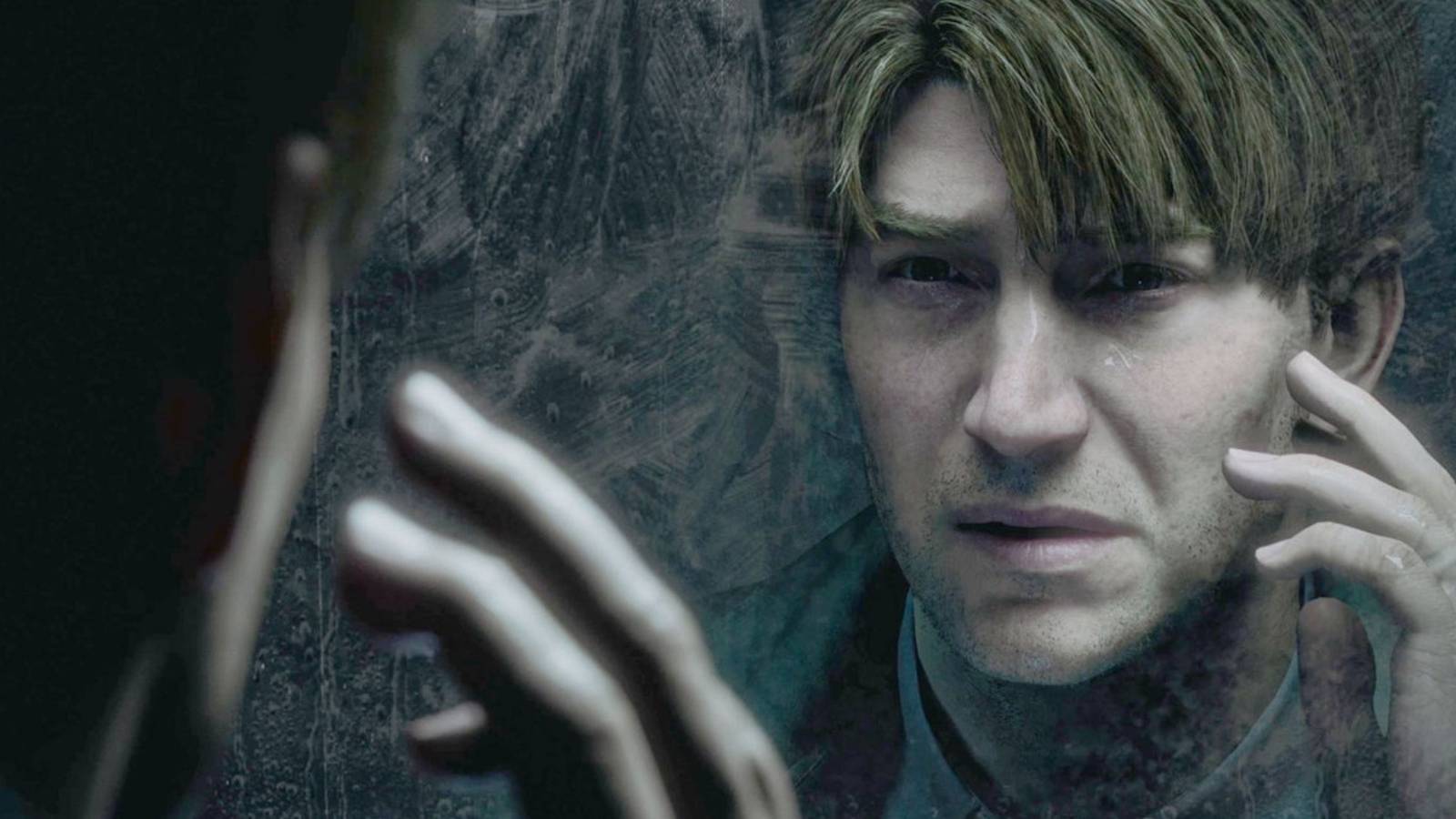 James looking into mirror, confused.