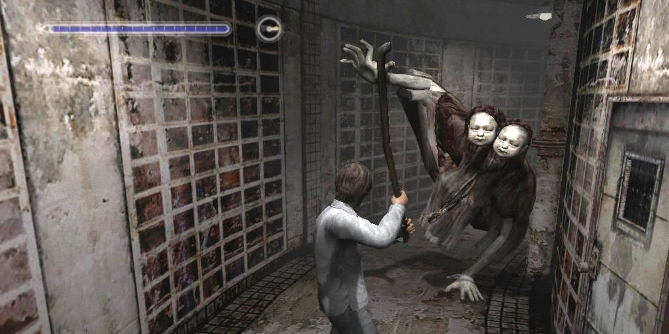 Henry attacking the Twins with a steel pipe in Silent Hill 4: The Room