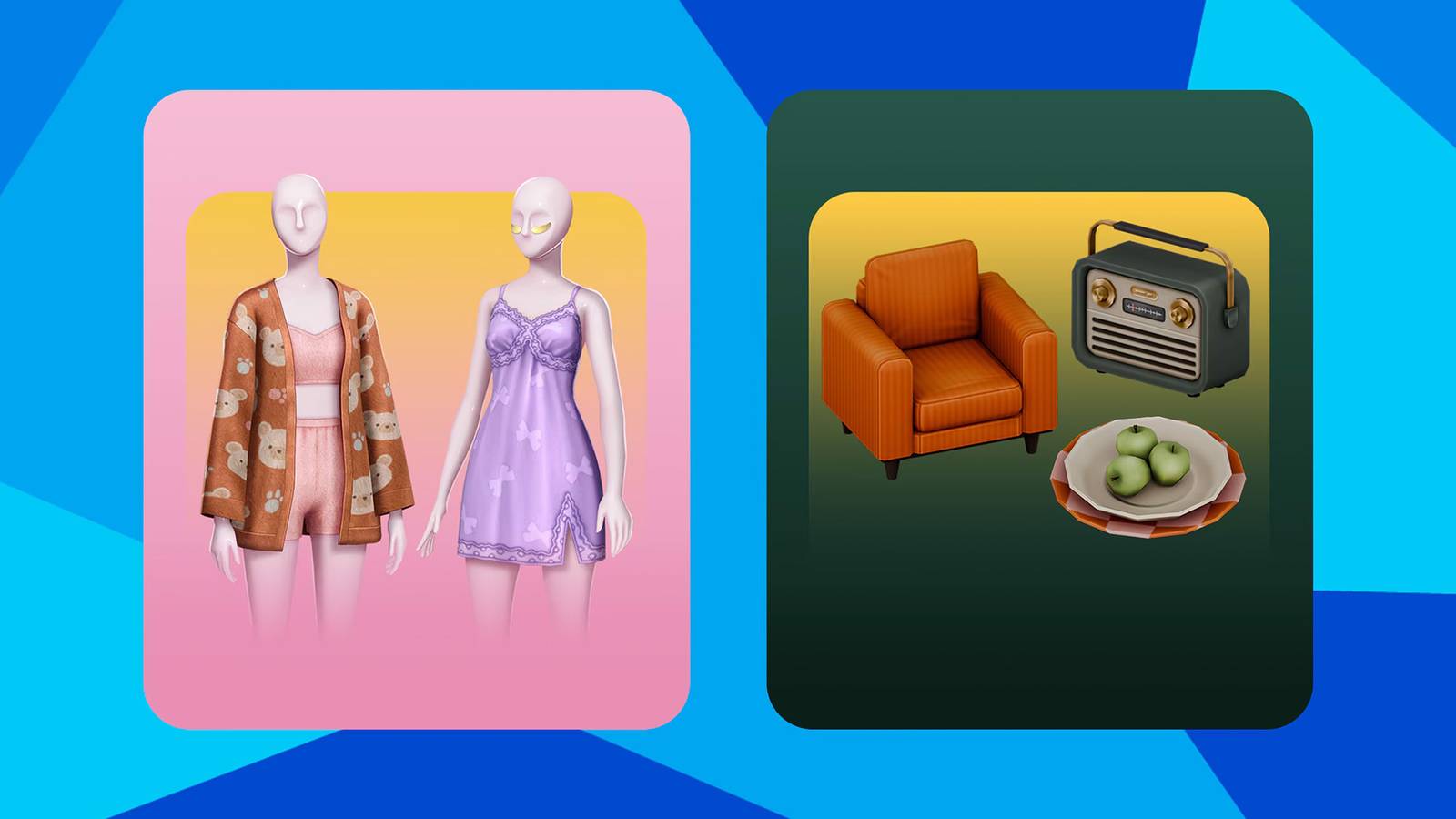the sims 4 slumber party kit on the left and cozy kitsch on the right