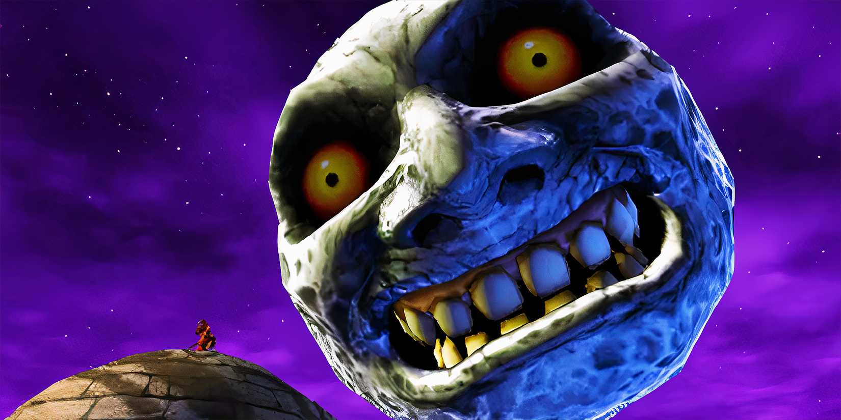 Skull Kid on clocktower with moon in Zelda Majora's Mask