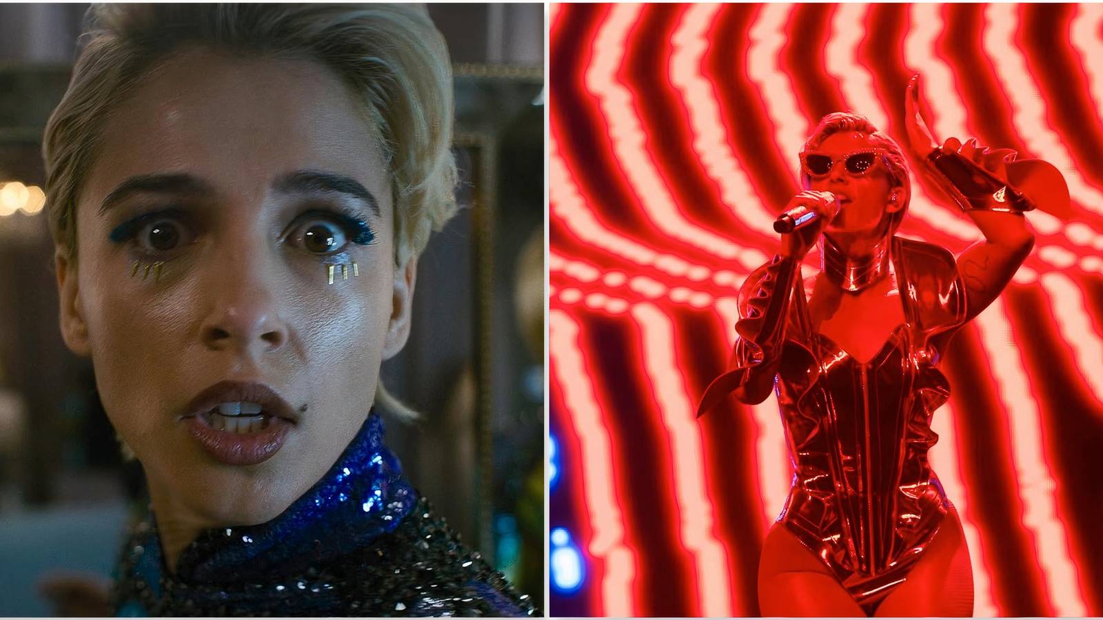 Skye looking surprised and Skye singing in Smile 2