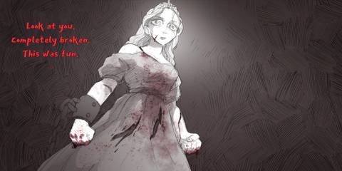 Princess looks down, covered in blood