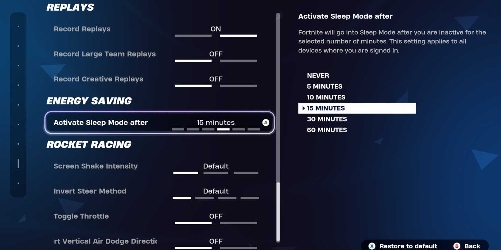 sleep mode settings fortnite