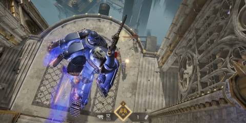 Space Marine 2 player mid-air with chainsaw in multiplayer