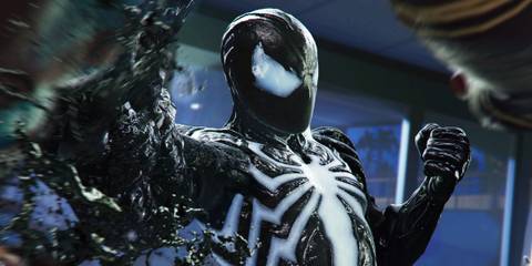 A screenshot of Peter Parker in his Black Spider-Man suit in