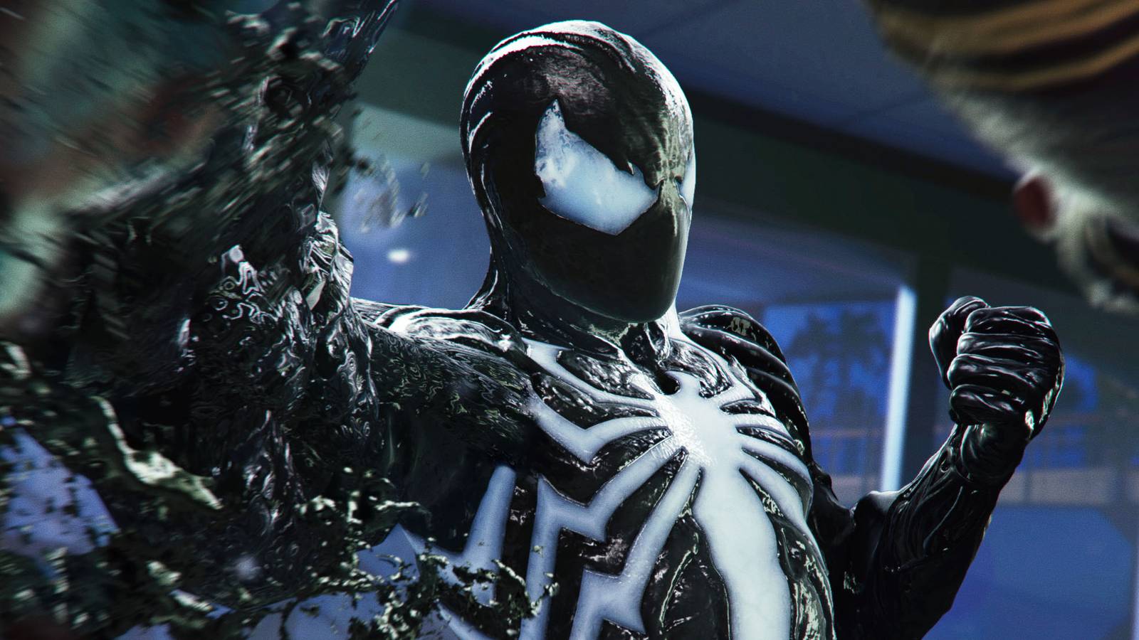 A screenshot of Peter Parker in his Black Spider-Man suit in