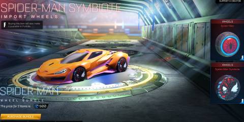 Screenshot showcasing the Spider-Man Wheel Bundle in Rocket League