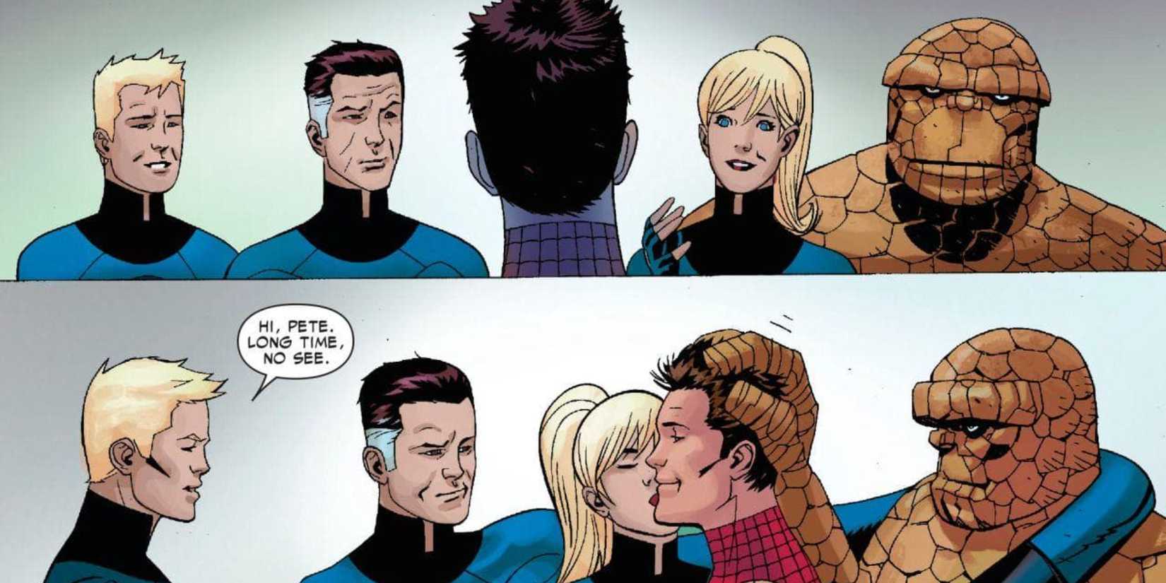 Fantastic Four greeting Spider-Man