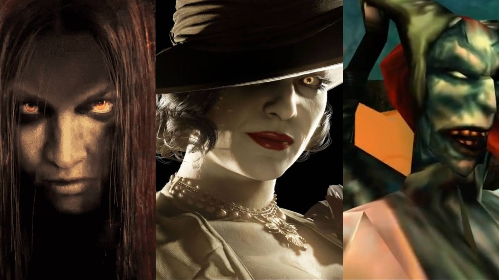 Split image of Alma Wade, Lady Dimitrescu, and Bethany Covenant