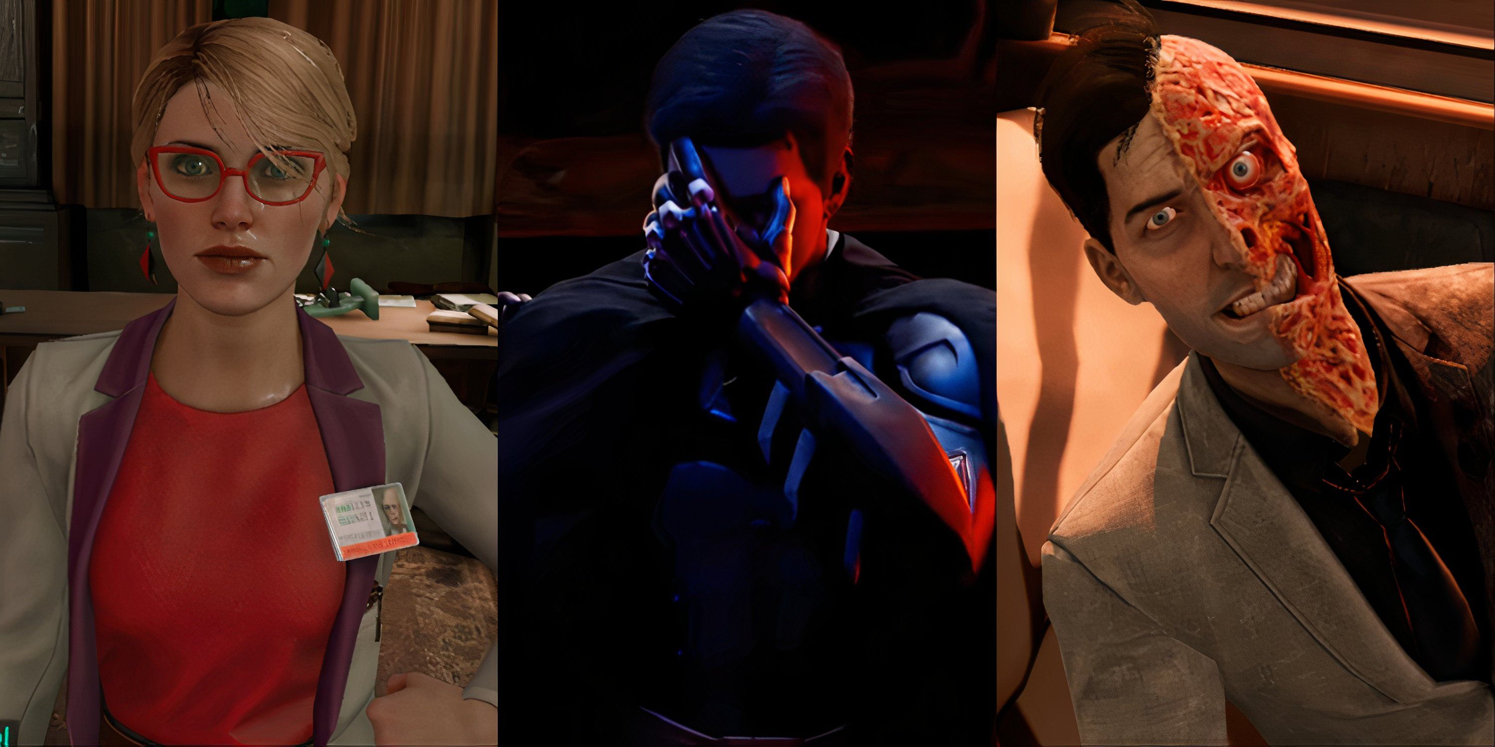 Split image of Harleen Quinzel, Batman, and Two-Face in Batman Arkham Shadow