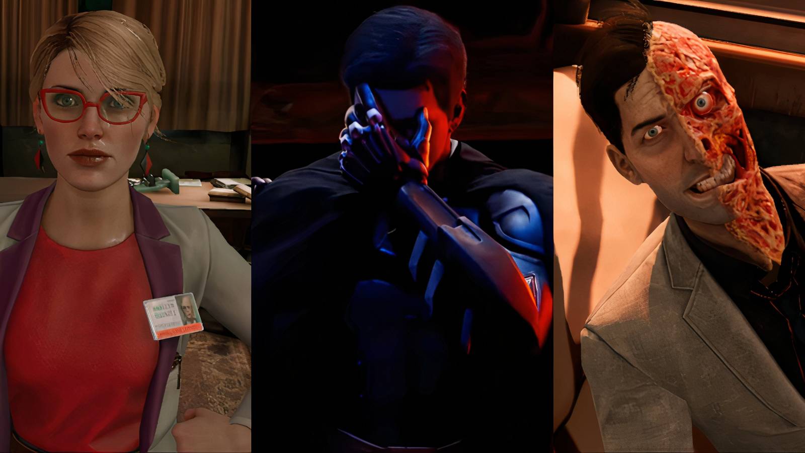 Split image of Harleen Quinzel, Batman, and Two-Face in Batman Arkham Shadow
