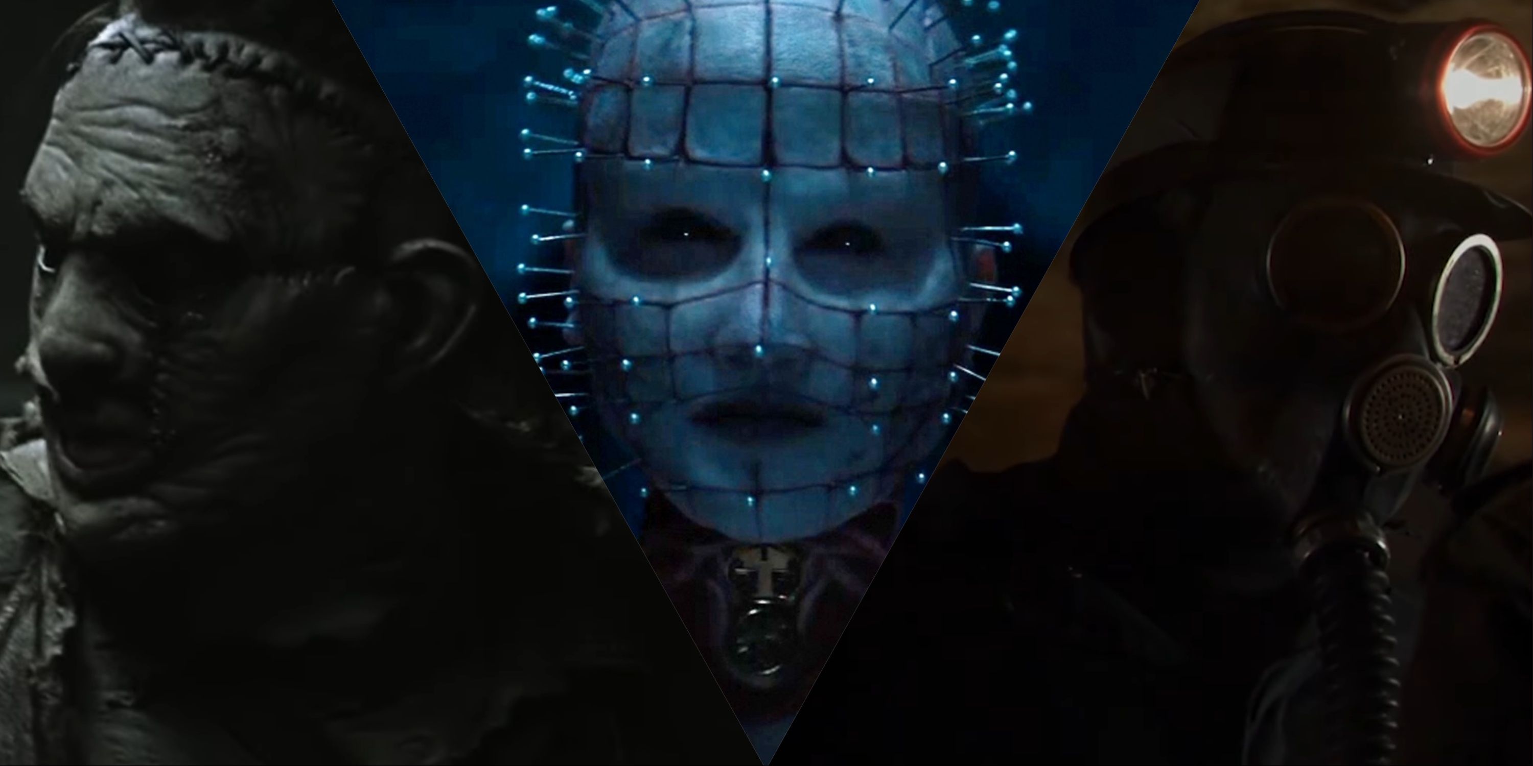 Split image of Leatherface, The Hell Priest, and Harry Warden