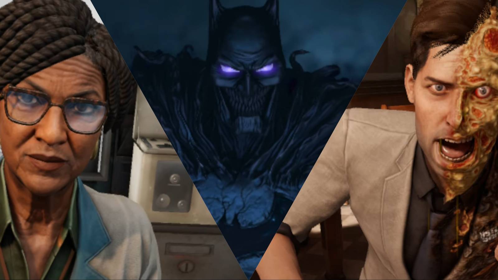 Split image of Leslie Thompkins, the Shadow, and Two-Face in Batman Arkham Shadow