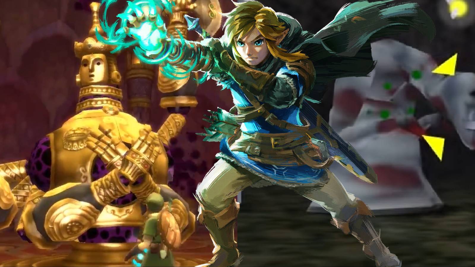 Split image of Skyward Sword, Tears Of The Kingdom, Ocarina Of Time