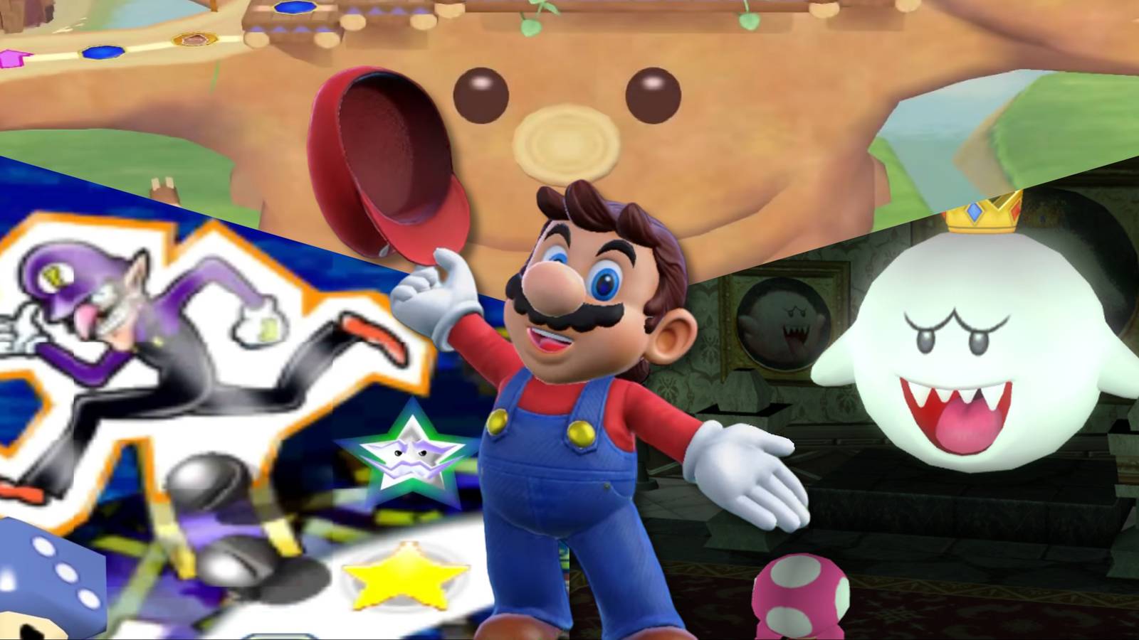 Split image of Waluigi's Island, Towering Treetop, and King Boo's Haunted Hideaway