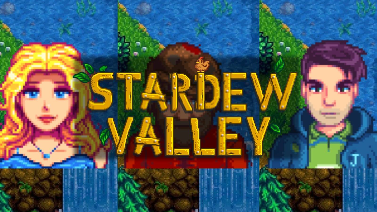 stardew valley logo over pictures of Shane, Haley, and Willy