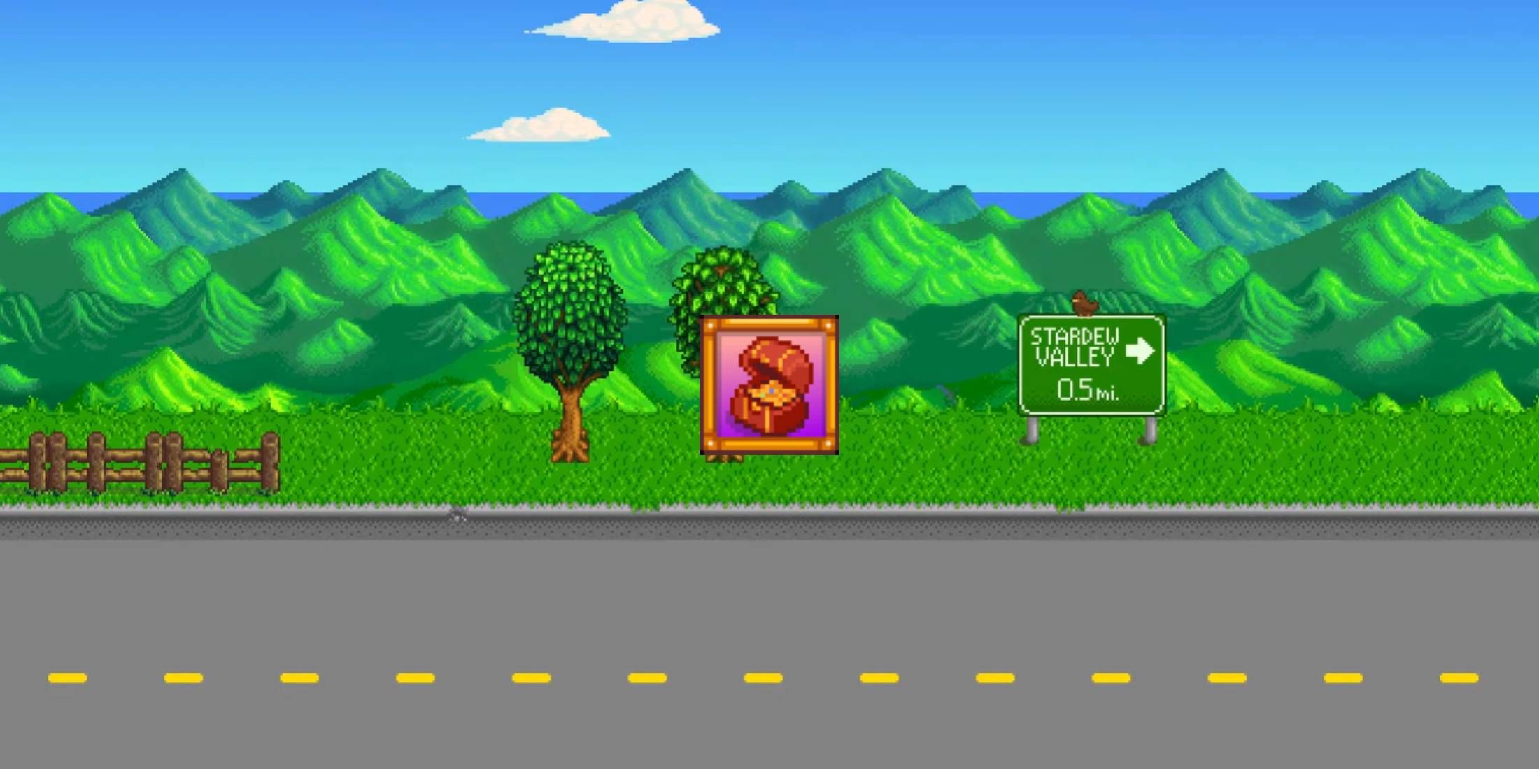 The road from Stardew Valley's intro with the icon for the Millionaire achievement