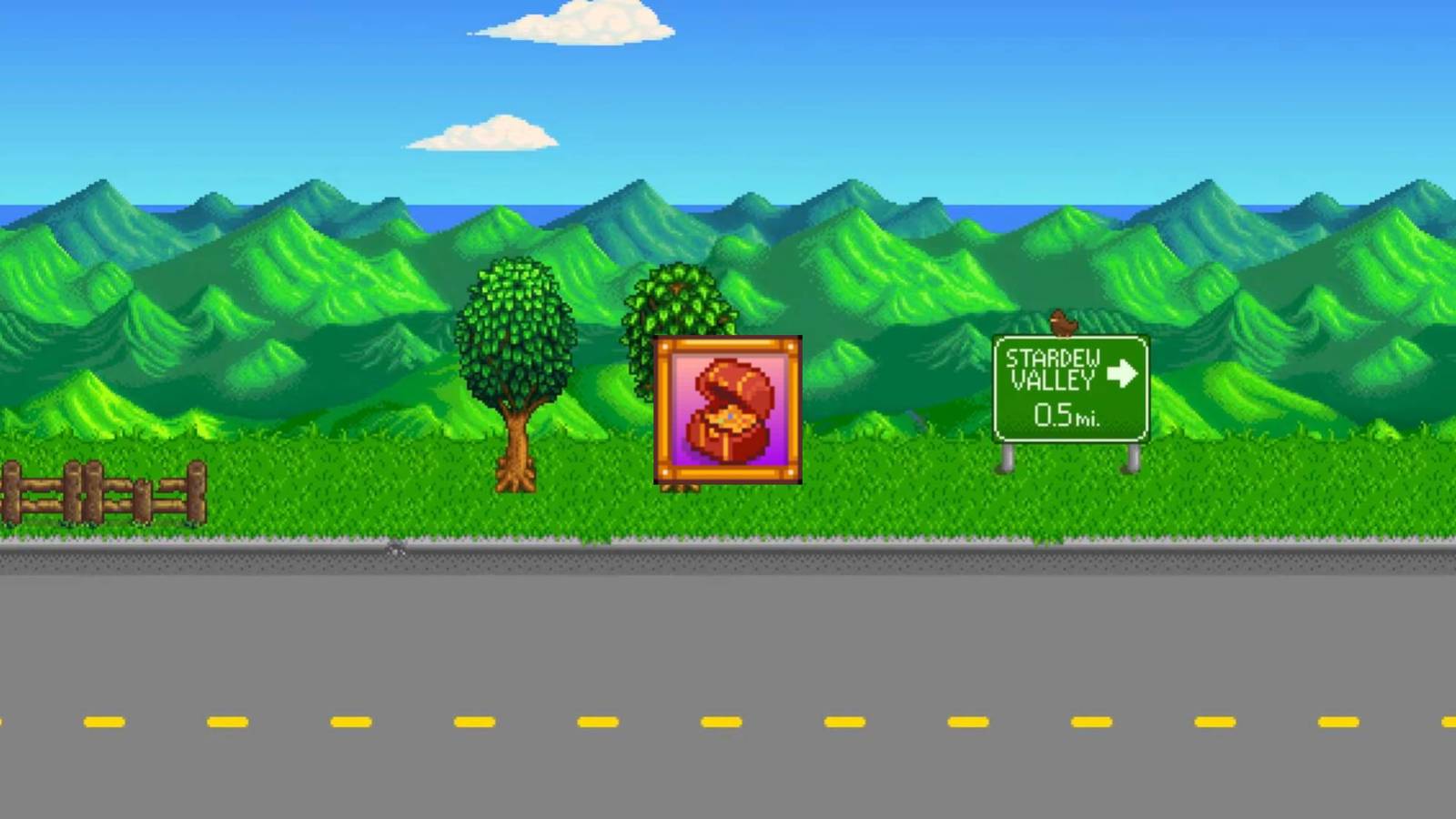 The road from Stardew Valley's intro with the icon for the Millionaire achievement