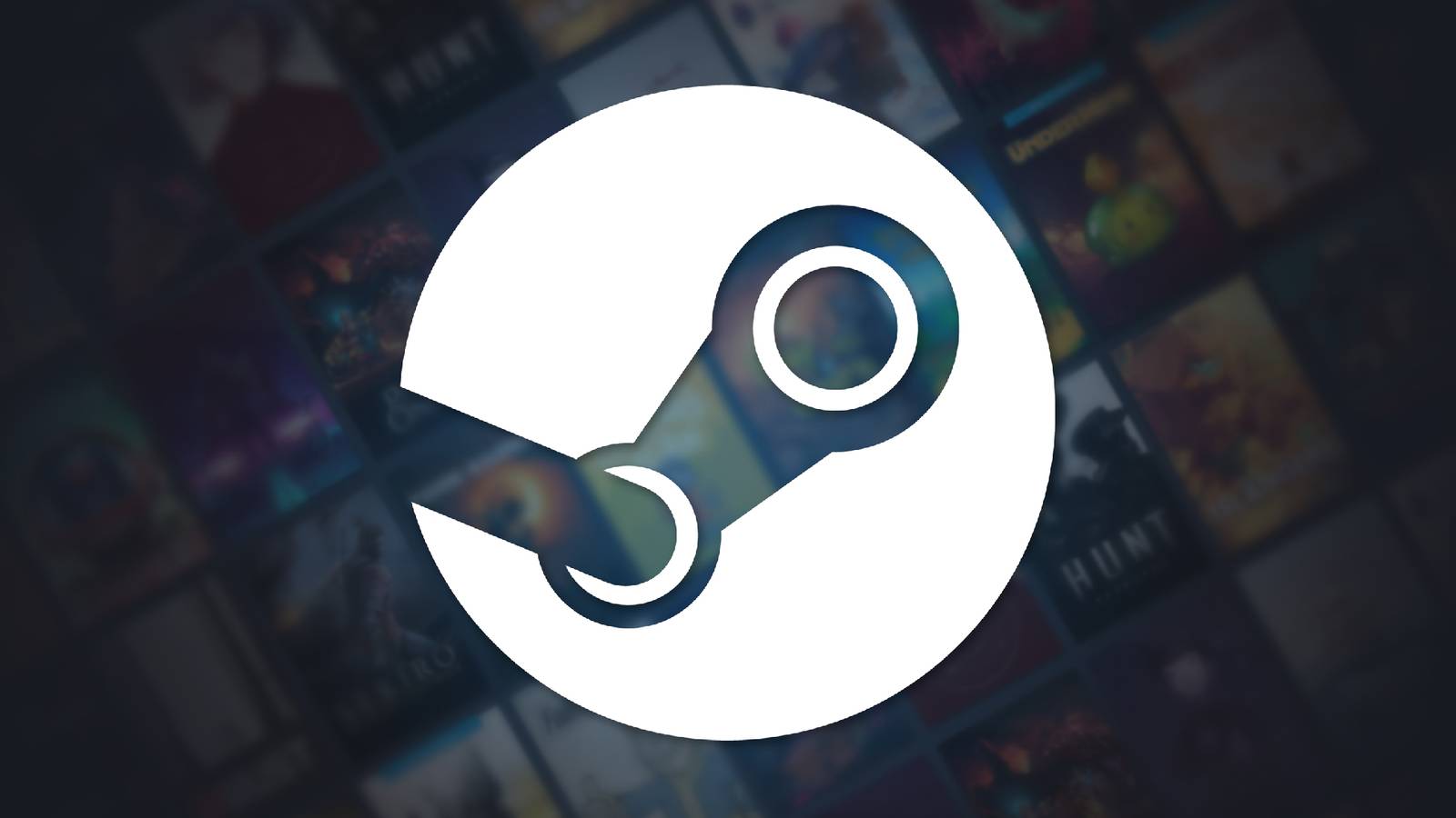 A white Steam logo set against a blurred background of Steam games