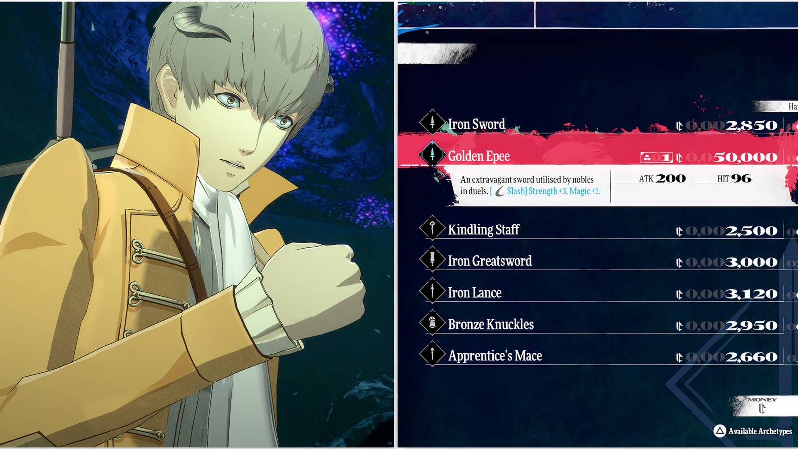 Strohl and the Golden Epee weapon in Metaphor ReFantazio