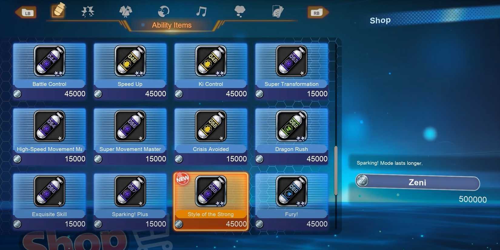 A screenshot of Dragon Ball Sparking Zero showing the Style Of The Strong capsule