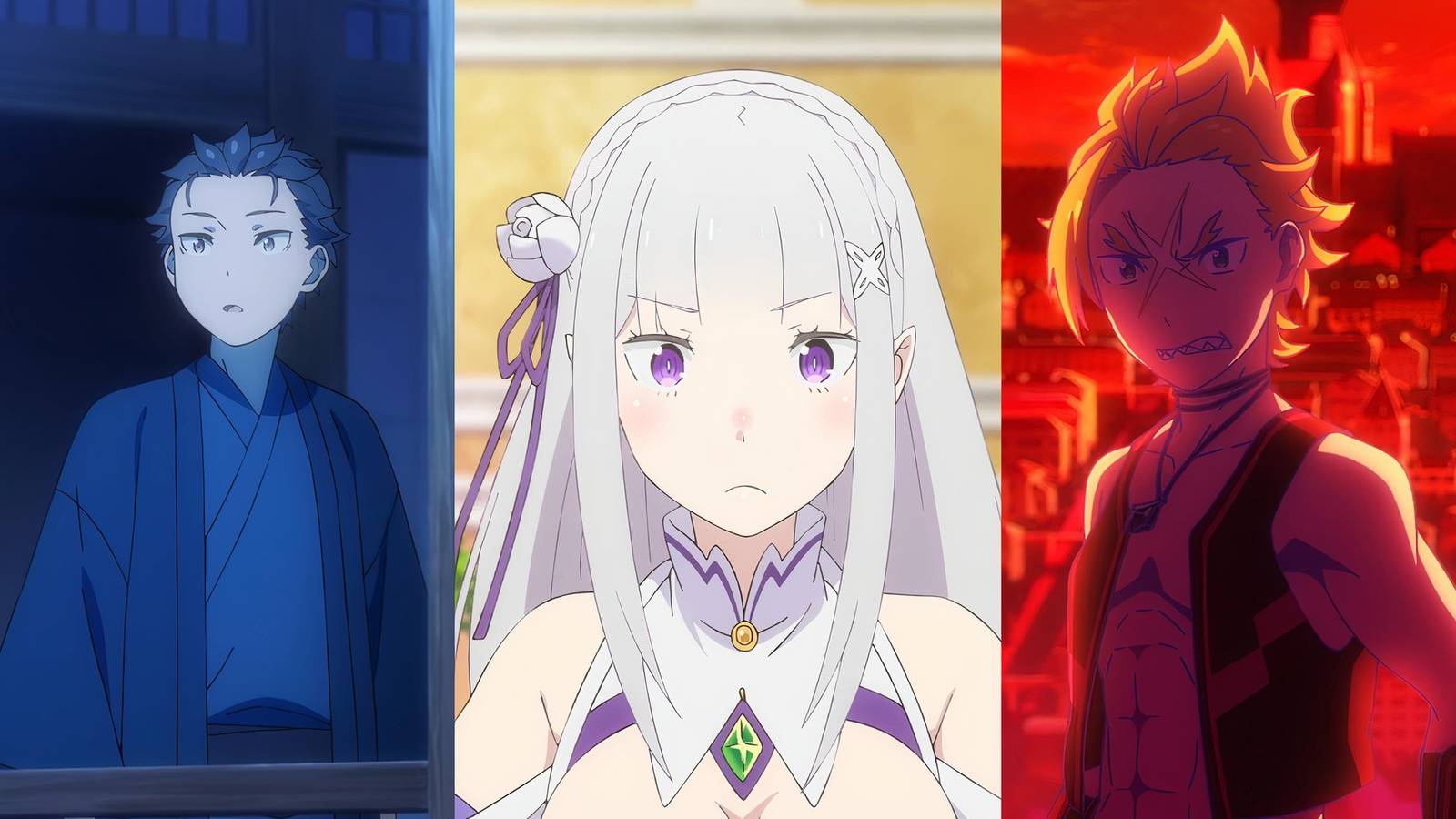 Subaru wearing a kimono, Emilia, and Garfiel infront of a red backdrop in Re:Zero