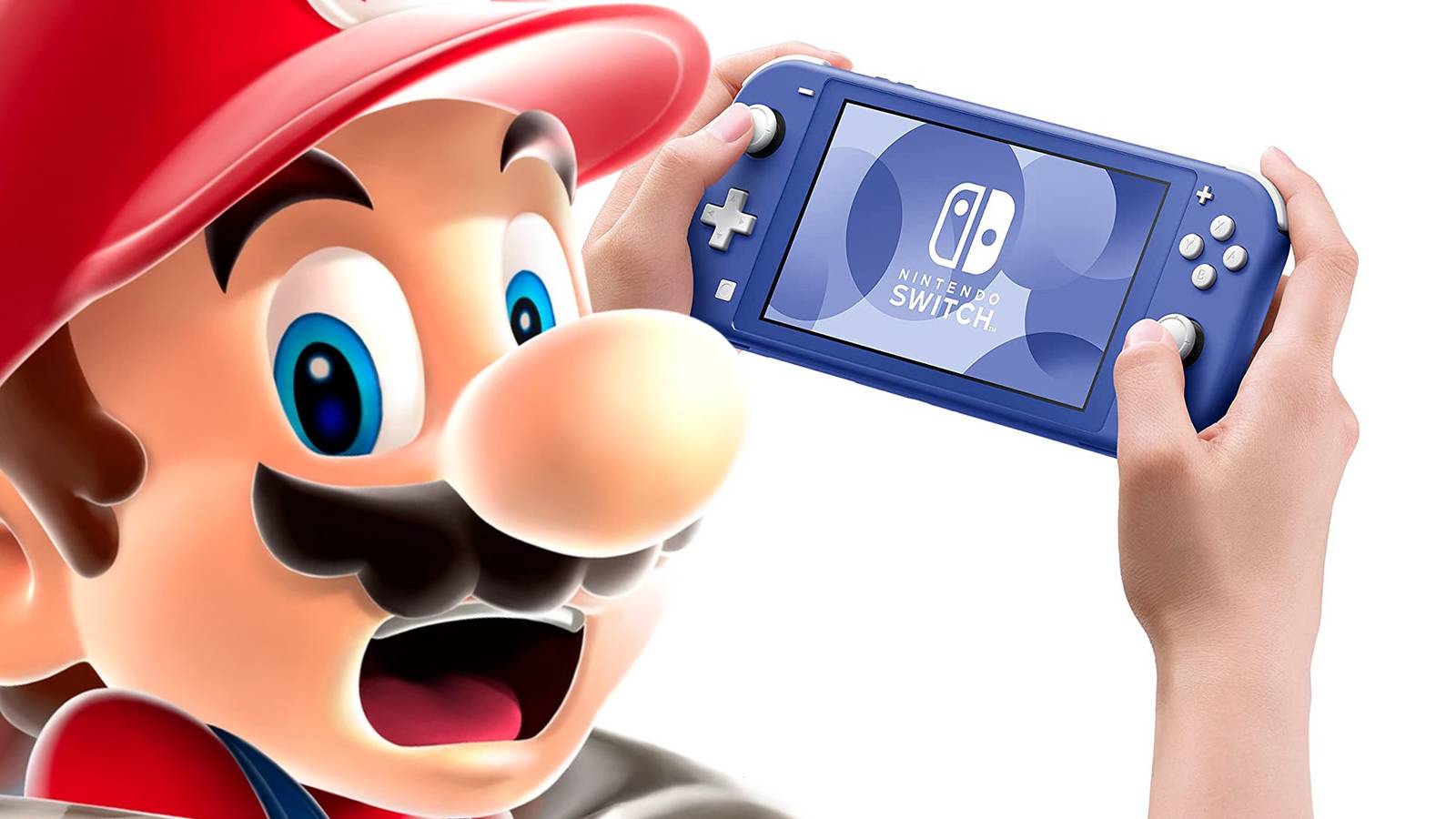 Super Mario looking alarmed shocked concerned holding blue Nintendo Switch Lite on white background 2x1 composite