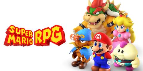 title screen with characters all stood together Super Mario RPG