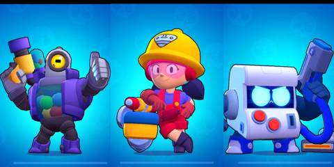 Rico, Jacky and 8-Bit standing on a blue background in Brawl Stars 