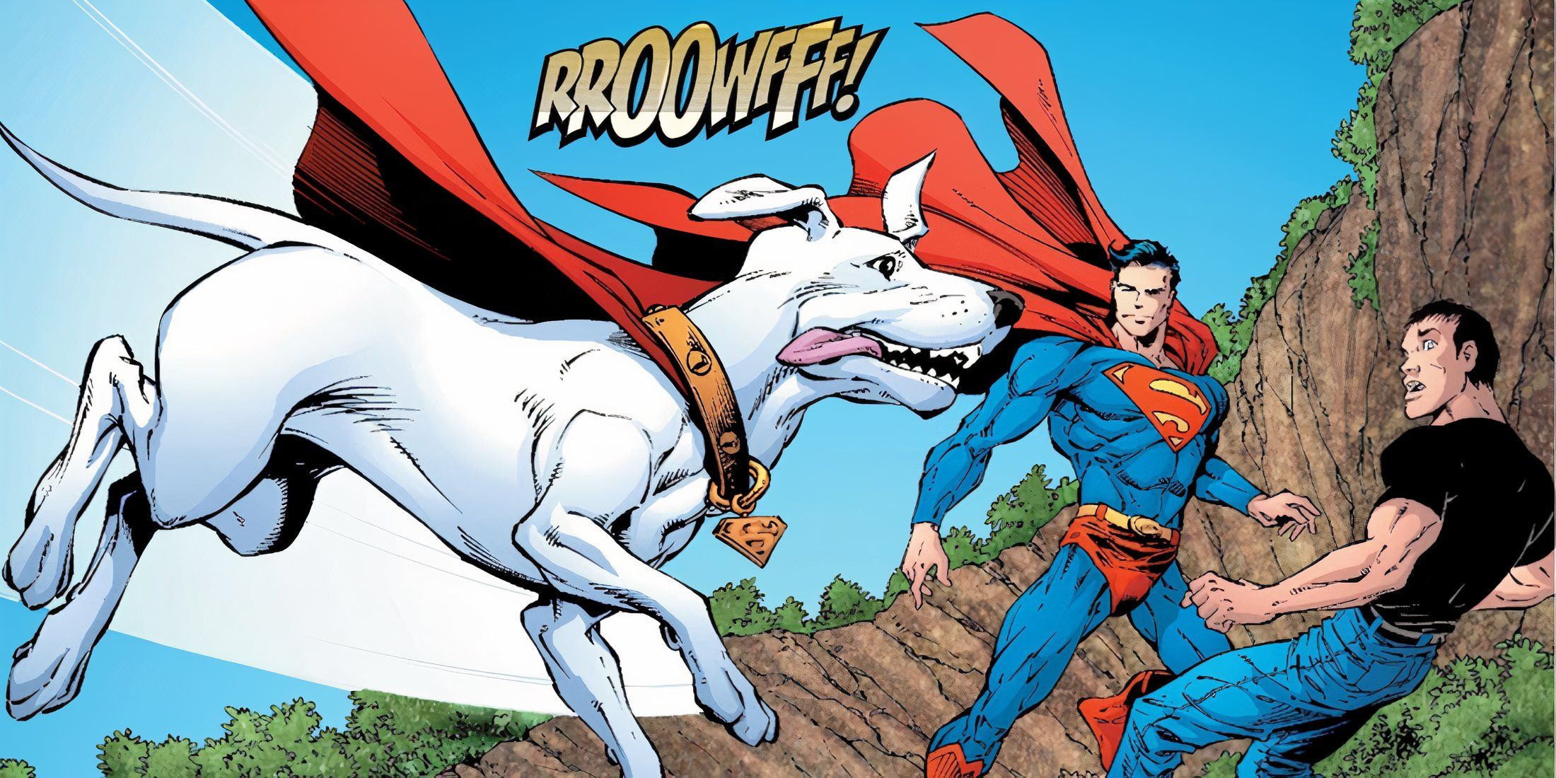 Krypto arrives to Smallville to meet up with Superboy and Superman.