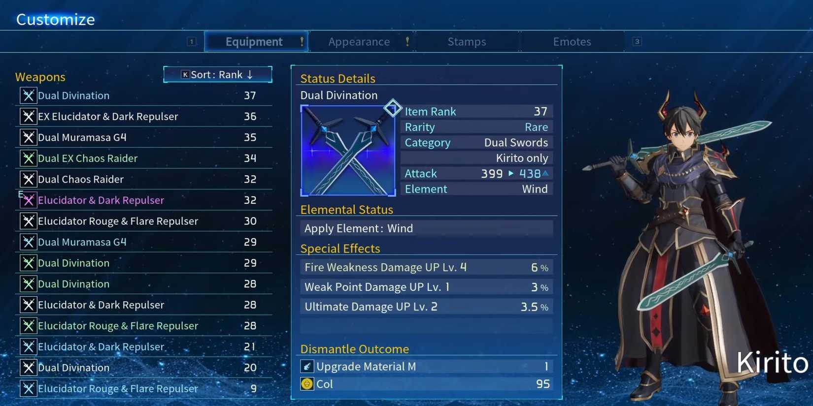 Sword Art Online Fractured Daydream gear screen