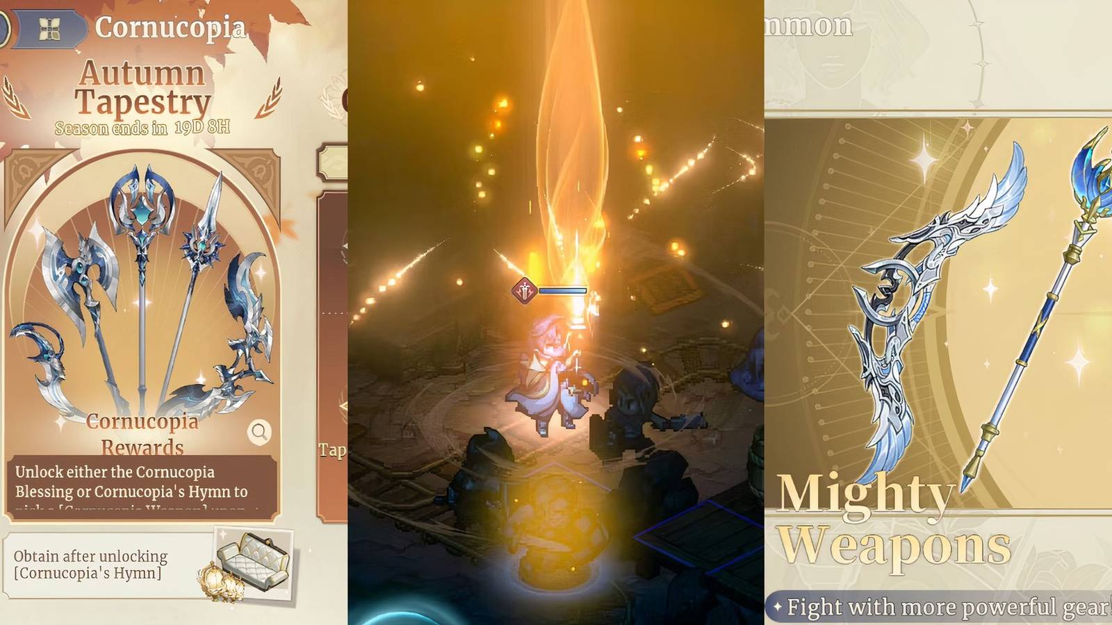 cornucopia weapons from battle pass on left, skill showcase in middle, weapon banner showcase on right