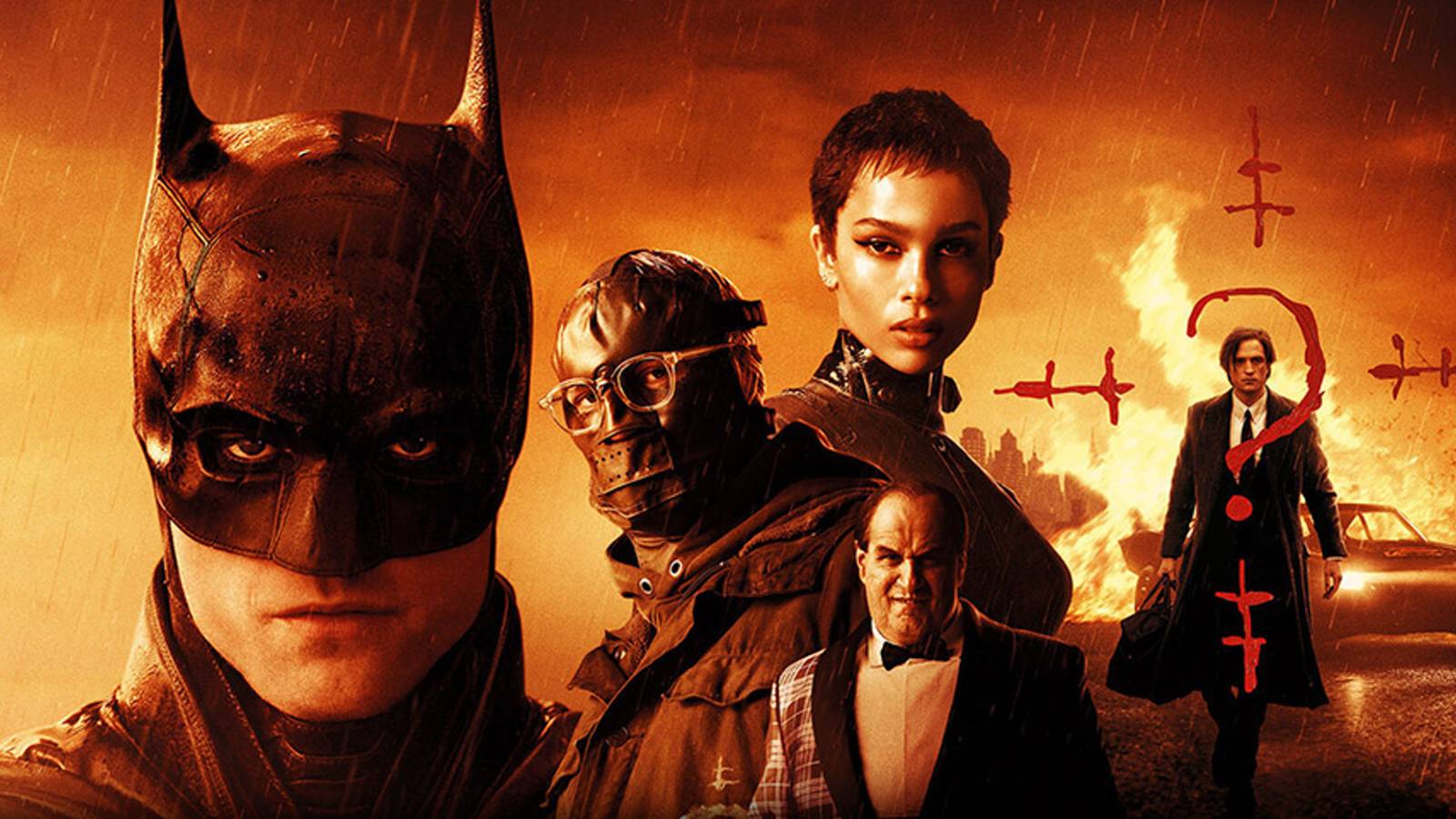 the batman movie poster with robert pattinson as the batman, zoe kravitz as catwoman, paul dano as riddler, colin farrell as the penguin