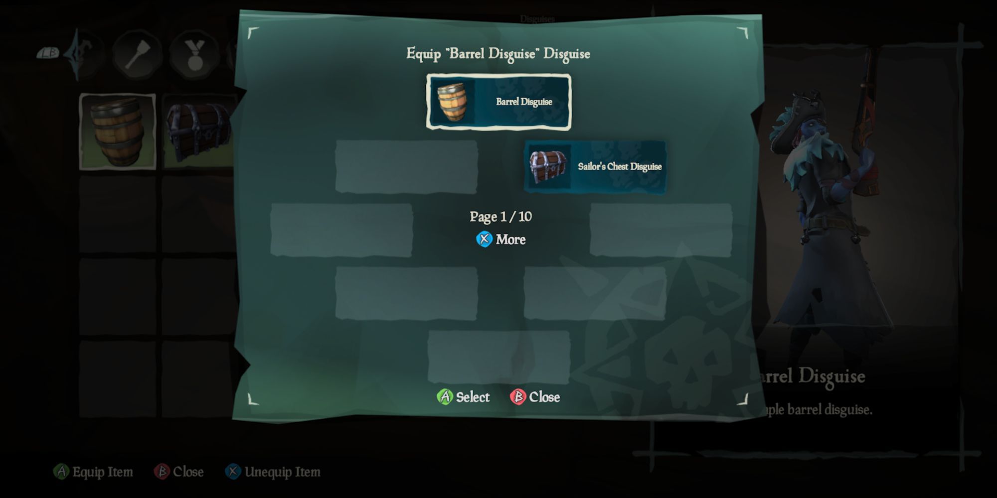 The Disguises Equip menu in the Vanity Chest in Sea of Thieves showing the Sailor's Chest and Barrel Disguises