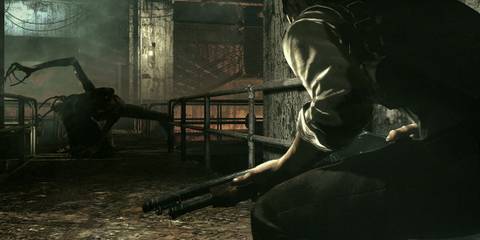 The Evil Within 2 - Sebastian crouched with a shotgun as a monster approaches