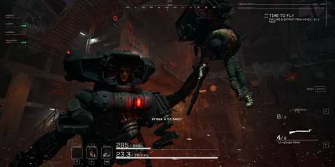 The player being picked up by a mecha enemy 