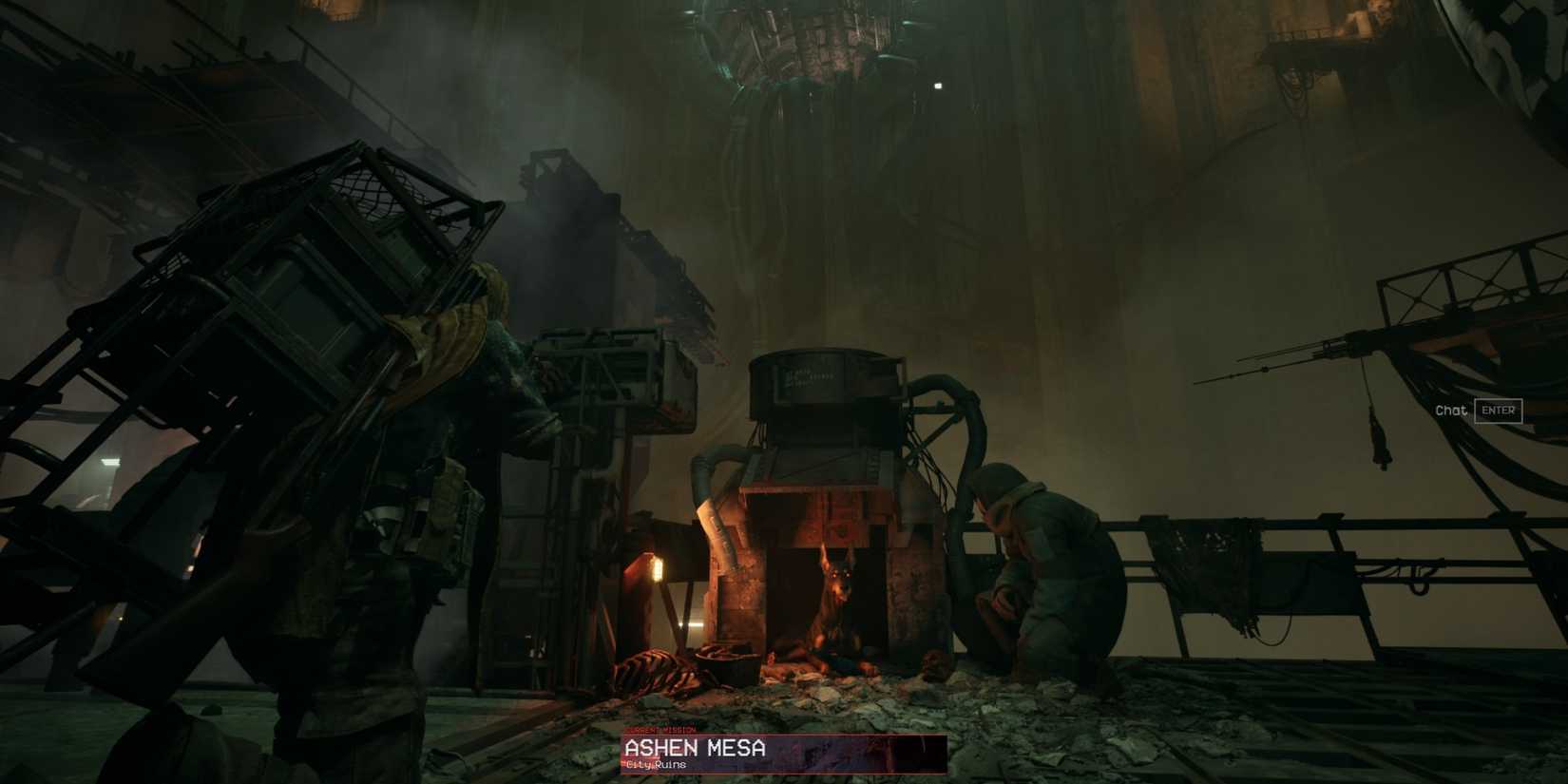 Two characters sitting on the Ashen Mesa map with a dog